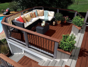 Deck skirting ideas showcased on composite material deck stairs.