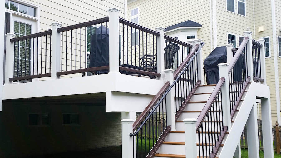 Finished backyard deck with modern composite decking